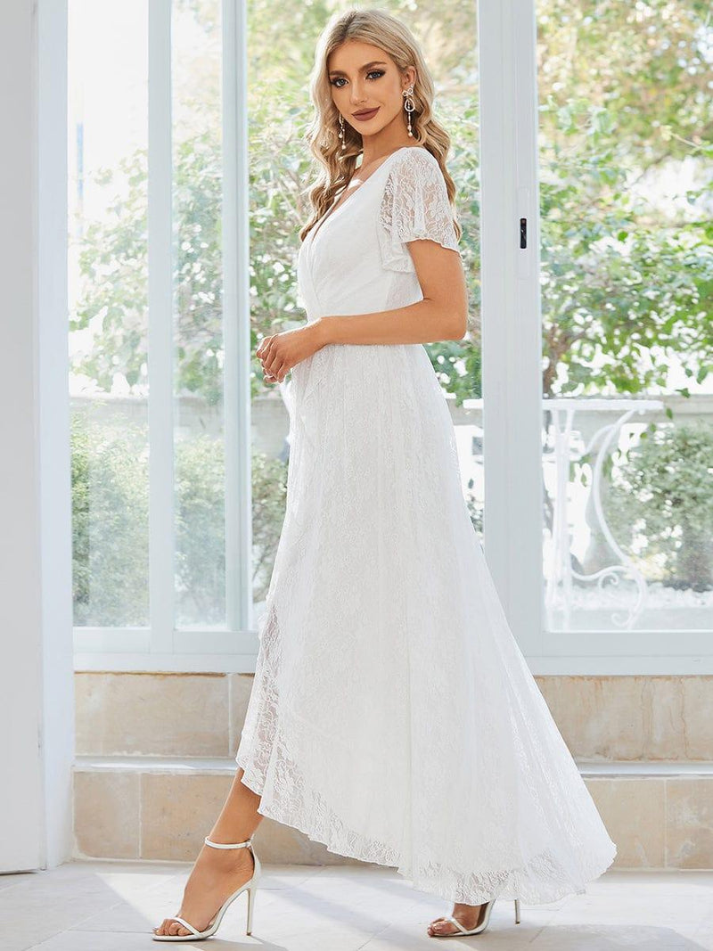 ever ELISE|Pleated V-Neck Short Sleeve Ruffled Lace Wedding Guest Dress