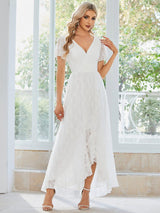 ever ELISE|Pleated V-Neck Short Sleeve Ruffled Lace Wedding Guest Dress