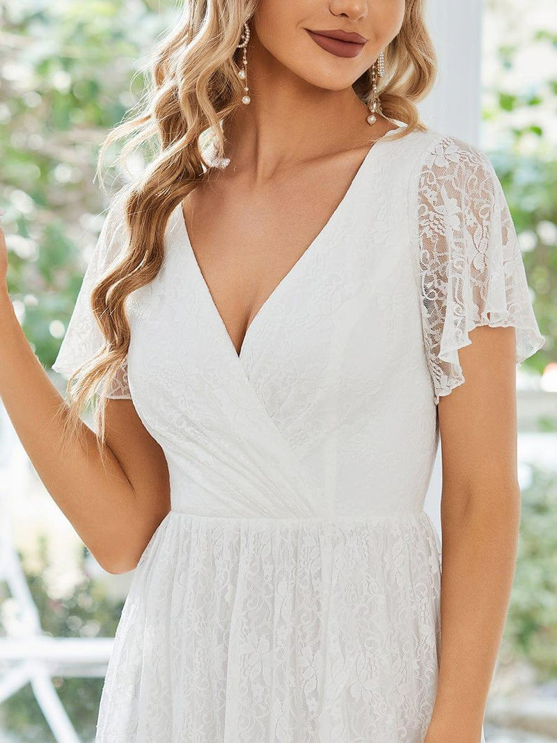 ever ELISE|Pleated V-Neck Short Sleeve Ruffled Lace Wedding Guest Dress