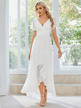 ever ELISE|Pleated V-Neck Short Sleeve Ruffled Lace Wedding Guest Dress