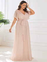 pretty LEORA|Plus Size Chiffon Tie-Waist Evening Dress
