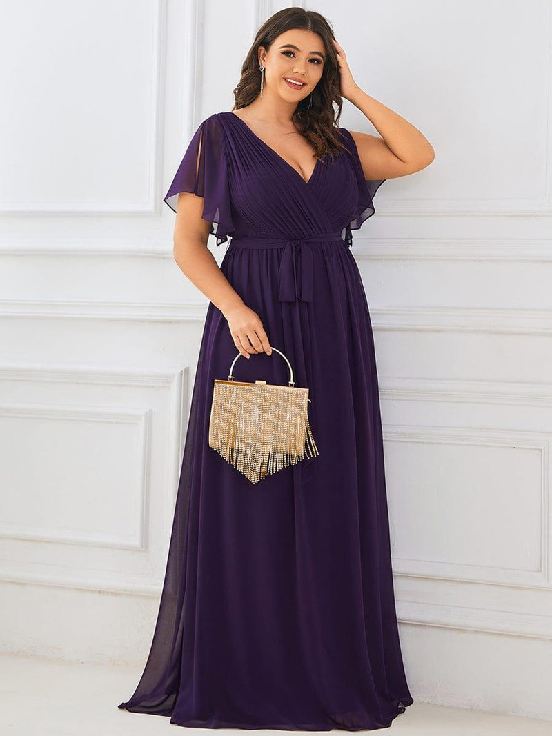 pretty LEORA|Plus Size Chiffon Tie-Waist Evening Dress