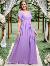 ever LEORA|Flowy Pleated A-Line Chiffon Tie-Waist Bridesmaid Dress
