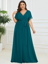 pretty LEORA|Plus Size Chiffon Tie-Waist Evening Dress