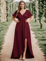 ever MELOD¨¦|Glitter High-Low Front Side Slit Ruffled V-Neck Evening Dress