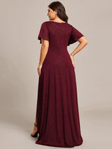 ever MELOD¨¦|Glitter High-Low Front Side Slit Ruffled V-Neck Evening Dress