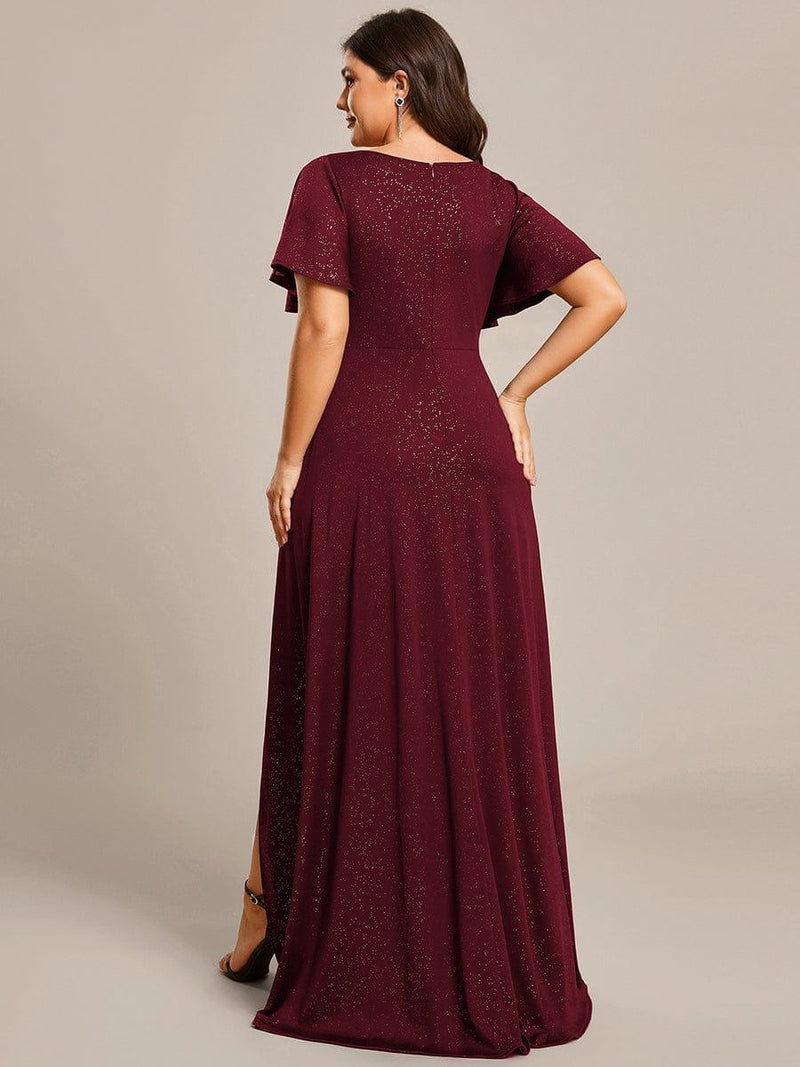 ever MELOD¨¦|Glitter High-Low Front Side Slit Ruffled V-Neck Evening Dress
