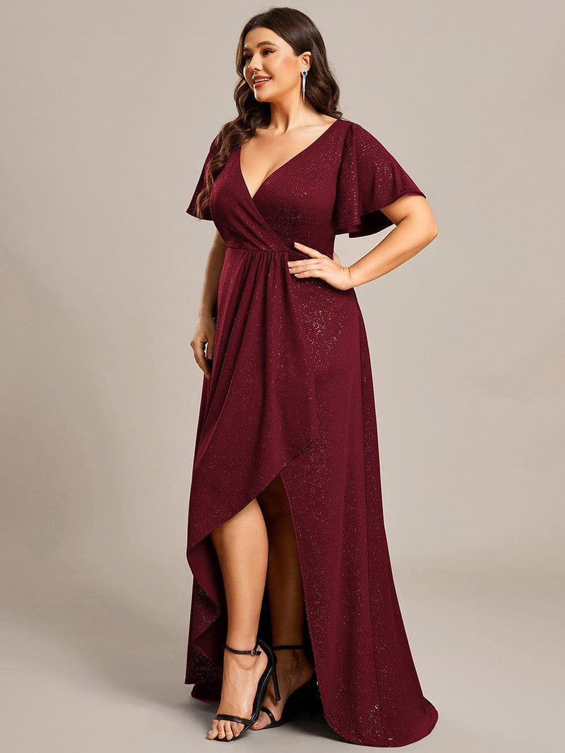 pretty MELOD¨¦|Plus Size Glitter Ruffled High-Low Front Slit Evening Dress