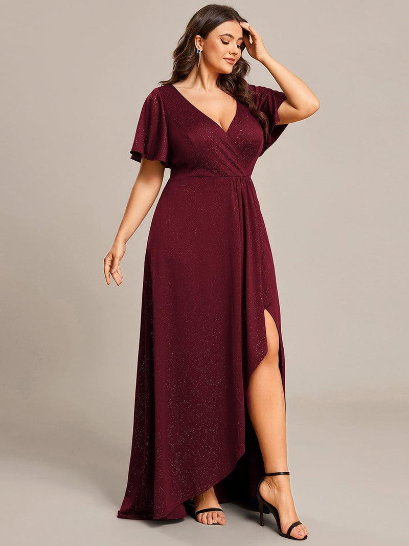 pretty MELOD¨¦|Plus Size Glitter Ruffled High-Low Front Slit Evening Dress