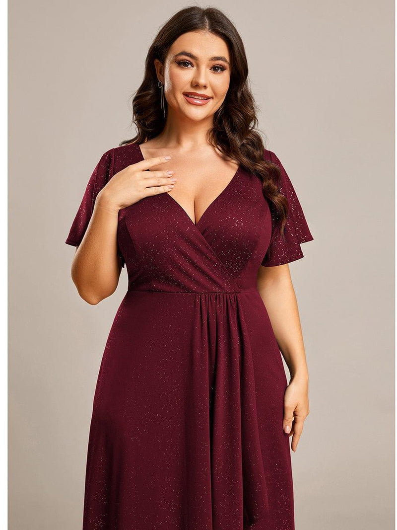 ever MELOD¨¦|Glitter High-Low Front Side Slit Ruffled V-Neck Evening Dress