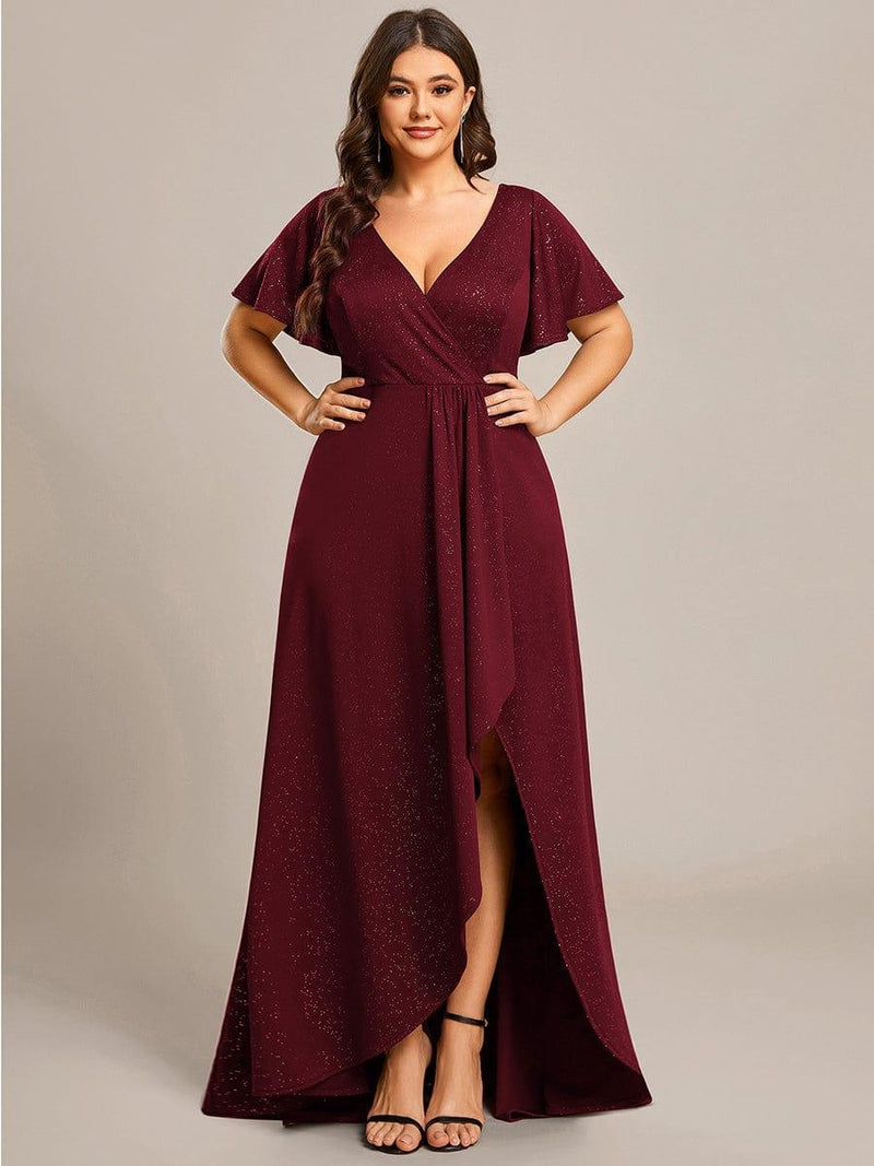 ever MELOD¨¦|Glitter High-Low Front Side Slit Ruffled V-Neck Evening Dress