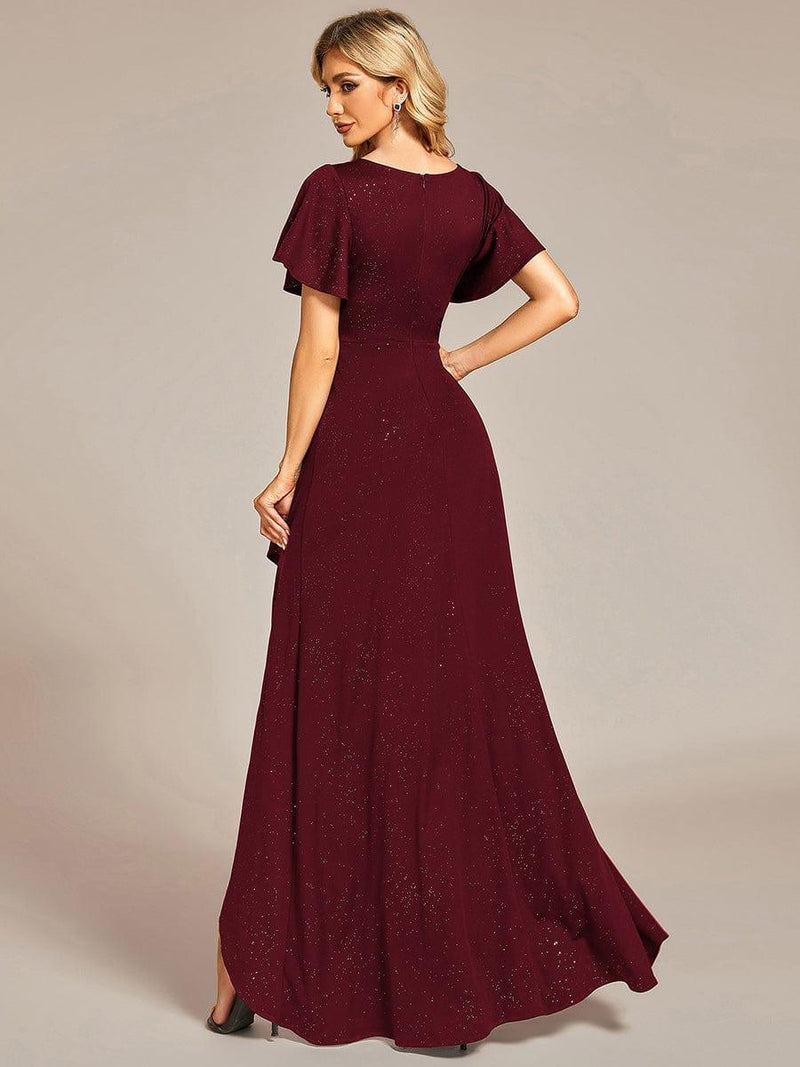 ever MELOD¨¦|Glitter High-Low Front Side Slit Ruffled V-Neck Evening Dress