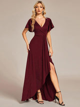 ever MELOD¨¦|Glitter High-Low Front Side Slit Ruffled V-Neck Evening Dress