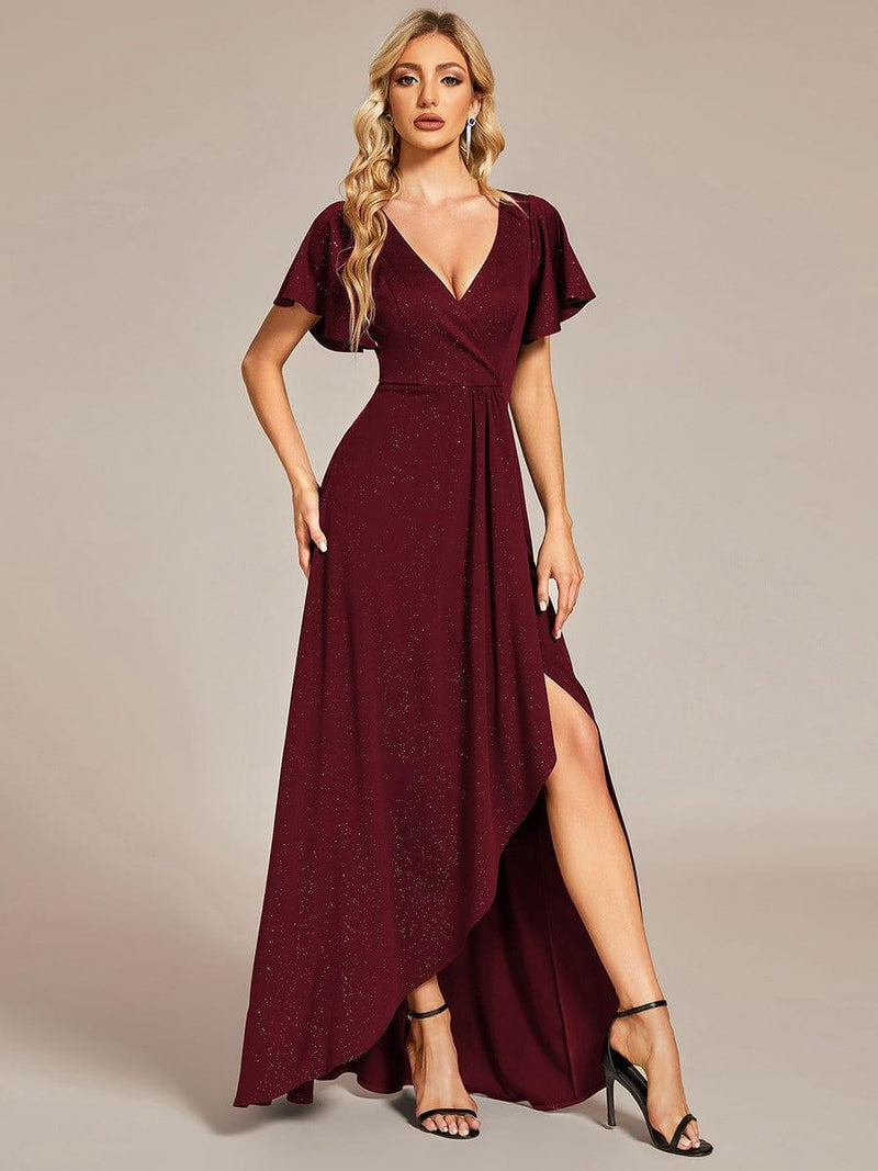 ever MELOD¨¦|Glitter High-Low Front Side Slit Ruffled V-Neck Evening Dress
