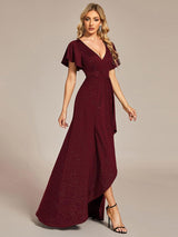 ever MELOD¨¦|Glitter High-Low Front Side Slit Ruffled V-Neck Evening Dress