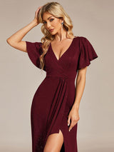 ever MELOD¨¦|Glitter High-Low Front Side Slit Ruffled V-Neck Evening Dress