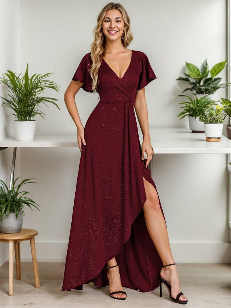 ever MELOD¨¦|Glitter High-Low Front Side Slit Ruffled V-Neck Evening Dress