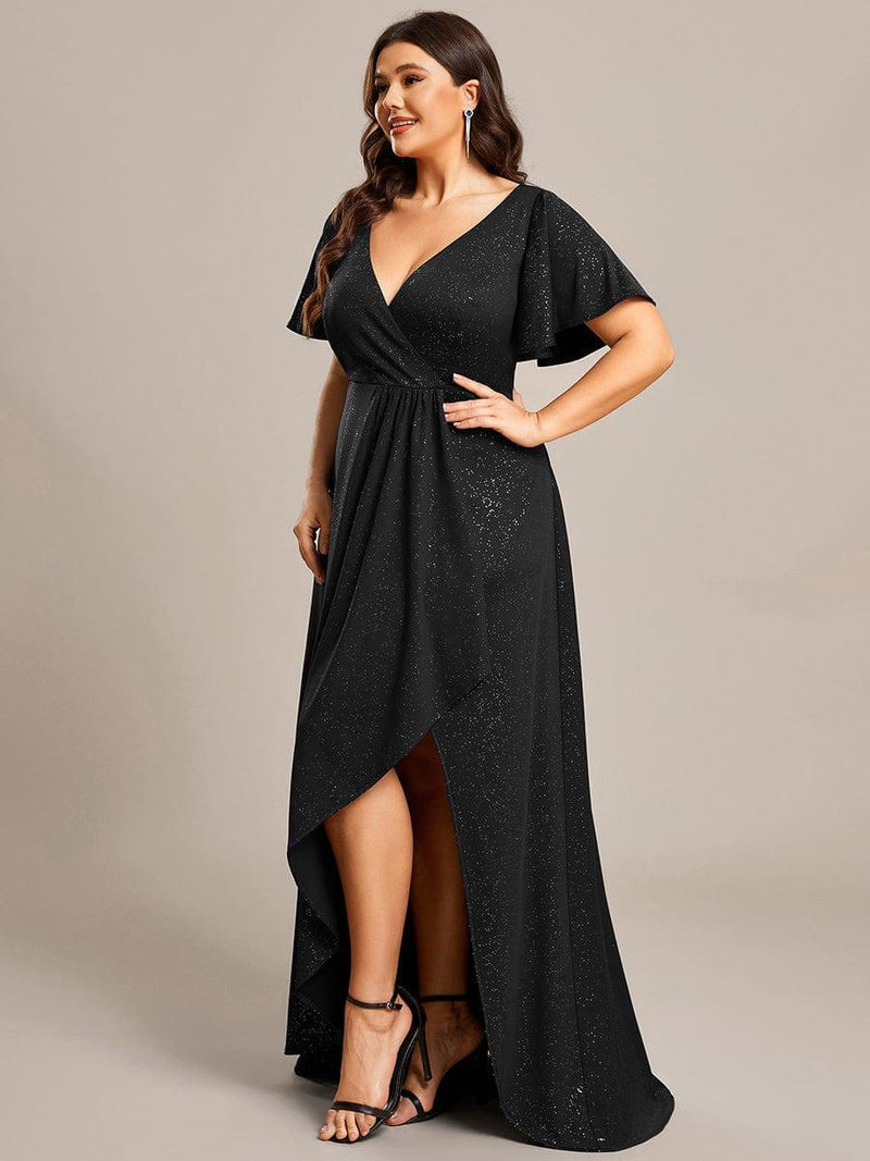 pretty MELOD¨¦|Plus Size Glitter Ruffled High-Low Front Slit Evening Dress