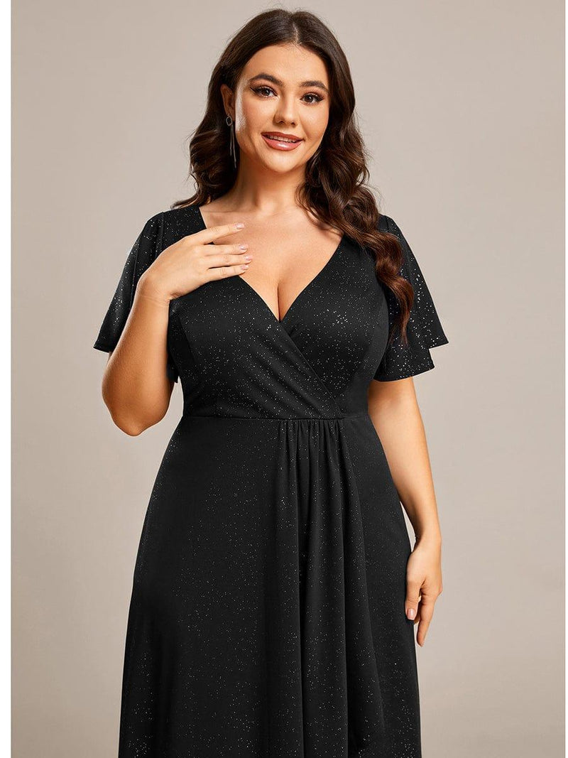 ever MELOD¨¦|Glitter High-Low Front Side Slit Ruffled V-Neck Evening Dress