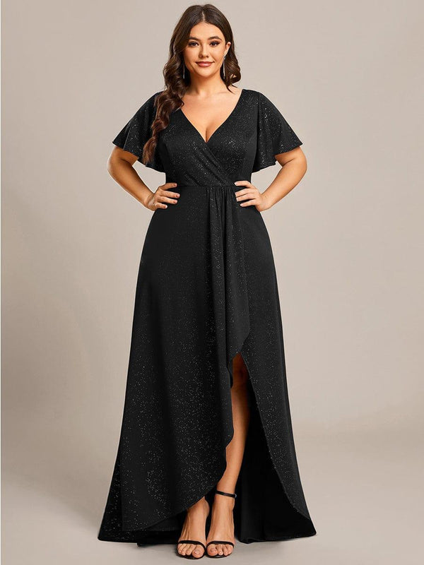 pretty MELOD¨¦|Plus Size Glitter Ruffled High-Low Front Slit Evening Dress