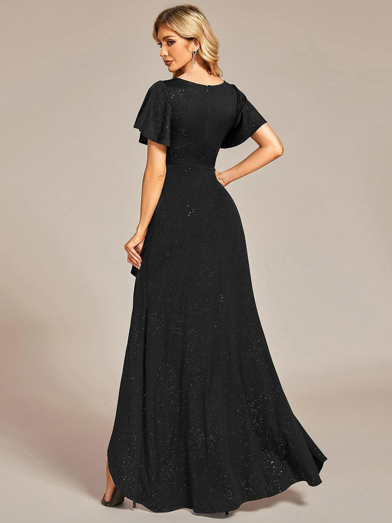 ever MELOD¨¦|Glitter High-Low Front Side Slit Ruffled V-Neck Evening Dress