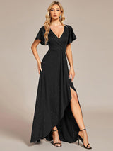 ever MELOD¨¦|Glitter High-Low Front Side Slit Ruffled V-Neck Evening Dress