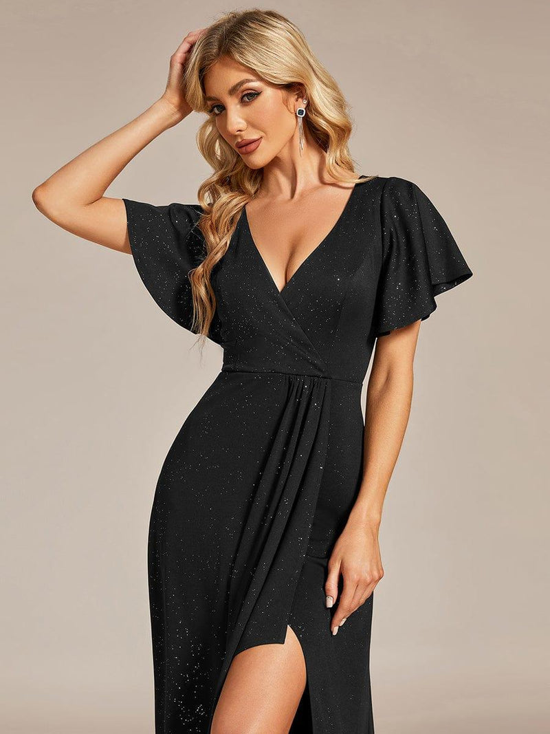 ever MELOD¨¦|Glitter High-Low Front Side Slit Ruffled V-Neck Evening Dress
