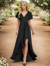 ever MELOD¨¦|Glitter High-Low Front Side Slit Ruffled V-Neck Evening Dress