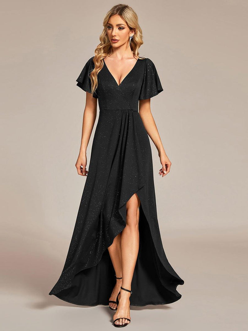 ever MELOD¨¦|Glitter High-Low Front Side Slit Ruffled V-Neck Evening Dress