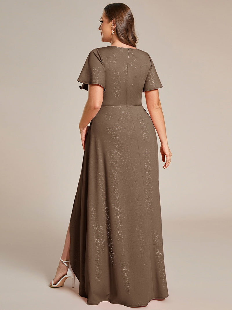 ever MELOD¨¦|Glitter High-Low Front Side Slit Ruffled V-Neck Evening Dress