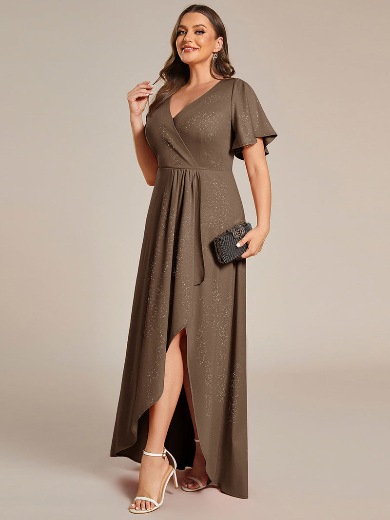 pretty MELOD¨¦|Plus Size Glitter Ruffled High-Low Front Slit Evening Dress