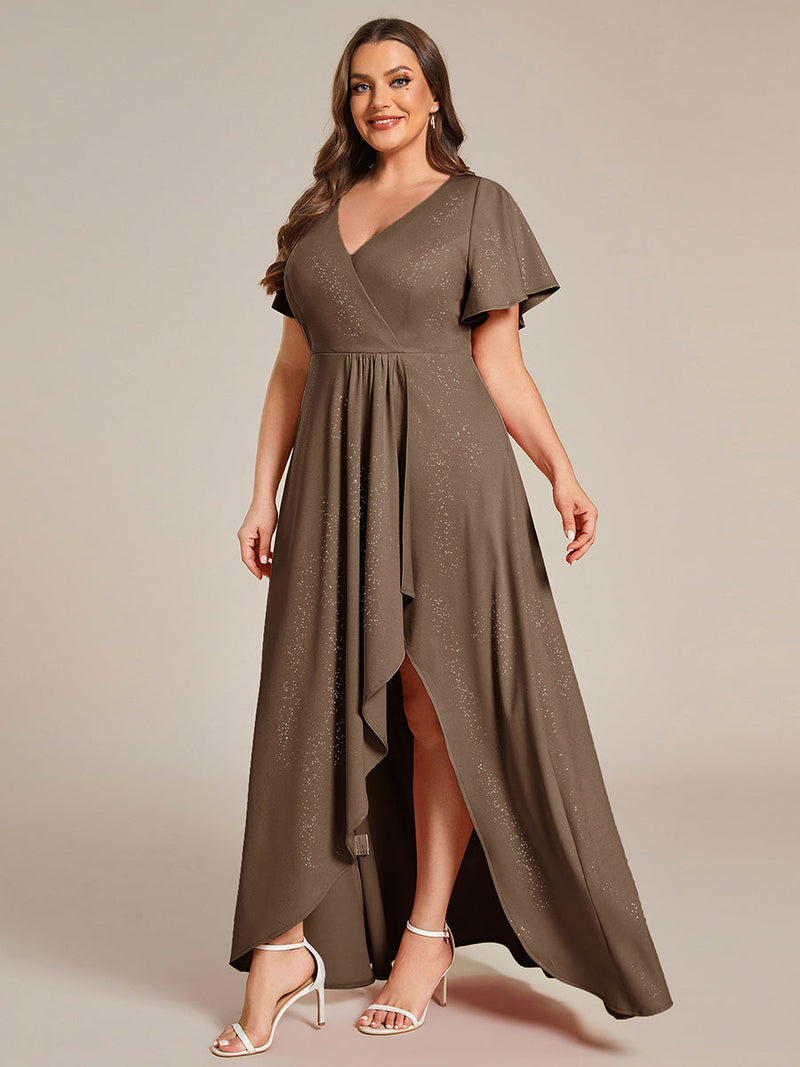 ever MELOD¨¦|Glitter High-Low Front Side Slit Ruffled V-Neck Evening Dress