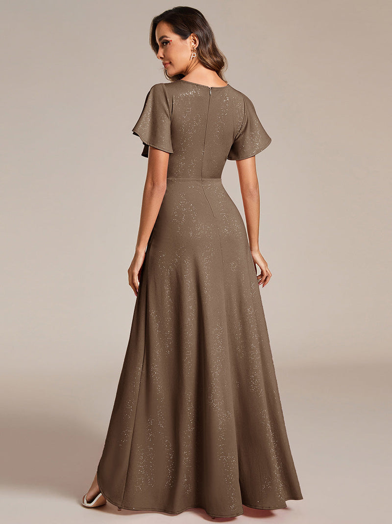 ever MELOD¨¦|Glitter High-Low Front Side Slit Ruffled V-Neck Evening Dress