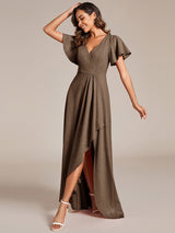 ever MELOD¨¦|Glitter High-Low Front Side Slit Ruffled V-Neck Evening Dress