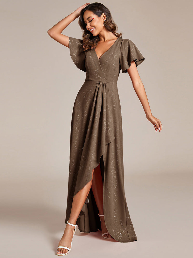 ever MELOD¨¦|Glitter High-Low Front Side Slit Ruffled V-Neck Evening Dress