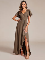 ever MELOD¨¦|Glitter High-Low Front Side Slit Ruffled V-Neck Evening Dress