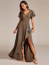 ever MELOD¨¦|Glitter High-Low Front Side Slit Ruffled V-Neck Evening Dress