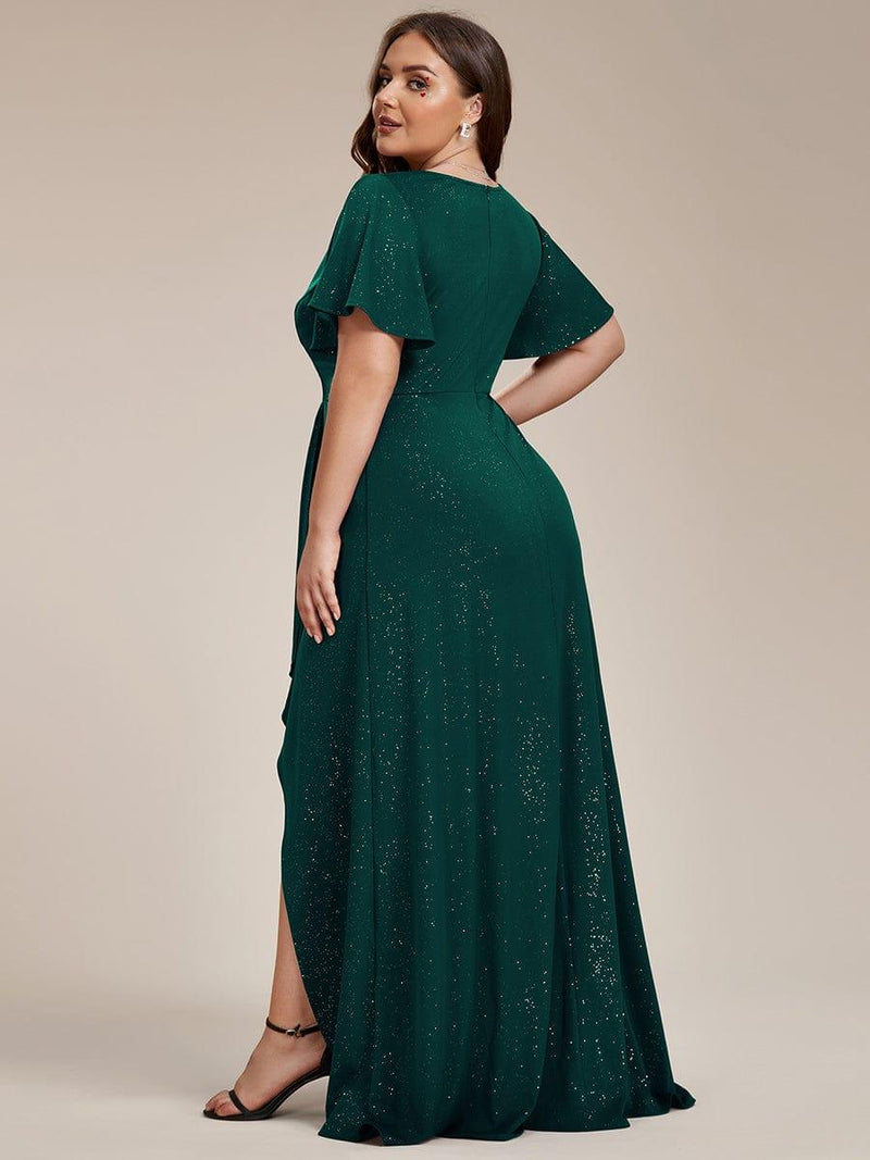 ever MELOD¨¦|Glitter High-Low Front Side Slit Ruffled V-Neck Evening Dress