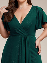 ever MELOD¨¦|Glitter High-Low Front Side Slit Ruffled V-Neck Evening Dress