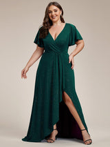 ever MELOD¨¦|Glitter High-Low Front Side Slit Ruffled V-Neck Evening Dress