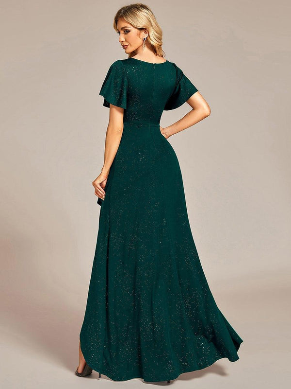 ever MELOD¨¦|Glitter High-Low Front Side Slit Ruffled V-Neck Evening Dress