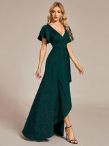ever MELOD¨¦|Glitter High-Low Front Side Slit Ruffled V-Neck Evening Dress