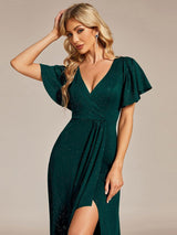 ever MELOD¨¦|Glitter High-Low Front Side Slit Ruffled V-Neck Evening Dress