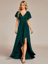 ever MELOD¨¦|Glitter High-Low Front Side Slit Ruffled V-Neck Evening Dress