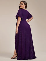 ever MELOD¨¦|Glitter High-Low Front Side Slit Ruffled V-Neck Evening Dress
