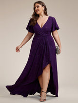 pretty MELOD¨¦|Plus Size Glitter Ruffled High-Low Front Slit Evening Dress