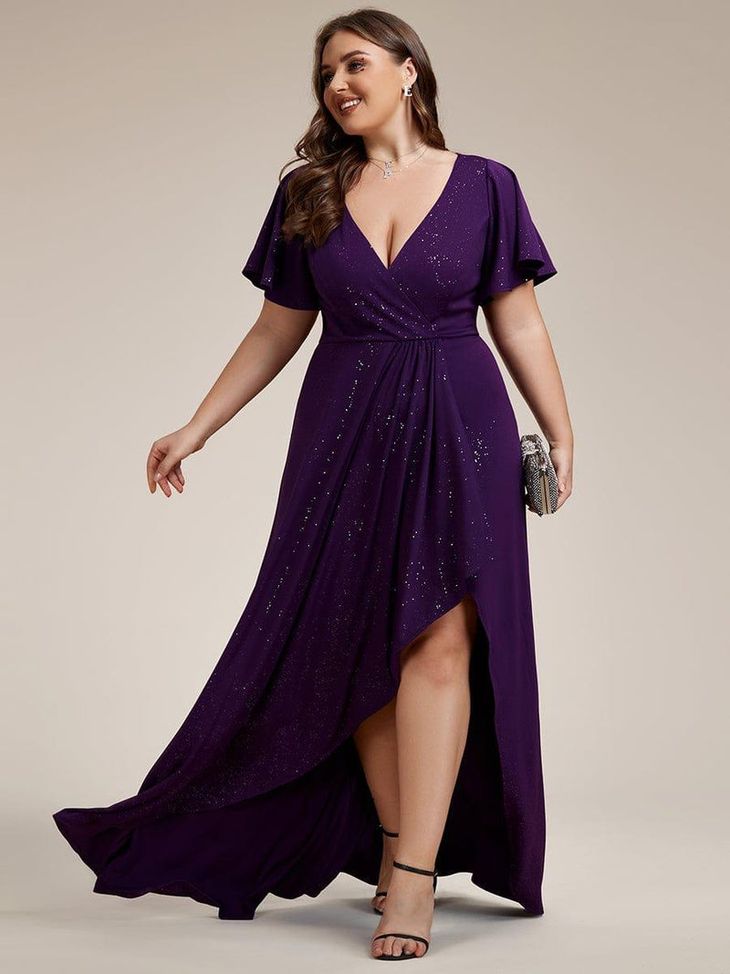 pretty MELOD¨¦|Plus Size Glitter Ruffled High-Low Front Slit Evening Dress