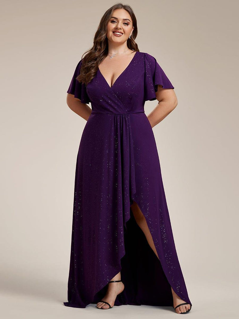 ever MELOD¨¦|Glitter High-Low Front Side Slit Ruffled V-Neck Evening Dress