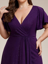 ever MELOD¨¦|Glitter High-Low Front Side Slit Ruffled V-Neck Evening Dress