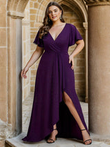 ever MELOD¨¦|Glitter High-Low Front Side Slit Ruffled V-Neck Evening Dress